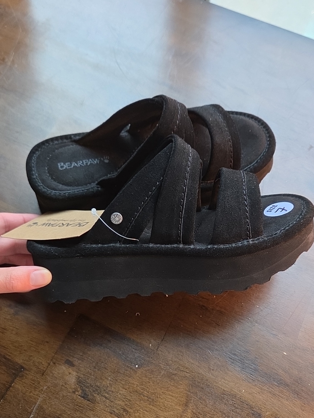 BearPaw Size 7 Women's Black Suede Platform Slide Sandals with Crisscross Straps